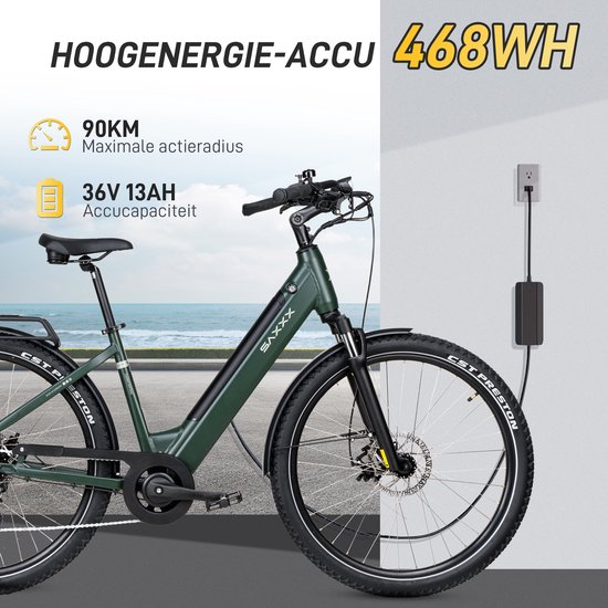 SAXXX Comfort SUV Easy - Elektrische Fiets - 95%Vooraf Geassembleerd Stadsfiets - 468Wh uitneembare accu - 90km Actieradius - SHIMANO Altus 7 Versnellingen - Achterwielmotor 250W - Aluminum Frame - 27.5" CST anti-lek - groen van Saxxx — afbeelding 5