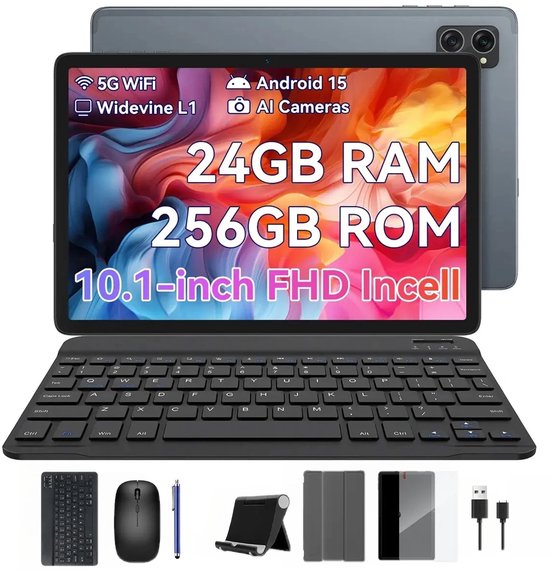 KINGRID T20 Tablet - 24GB RAM - 256GB ROM - Met Toetsenbord - Met Lederen Hoesje - Android 15 - 10.1 inch - 5000mAh - OTG - Hoes - Stylus - Muis - Grijs