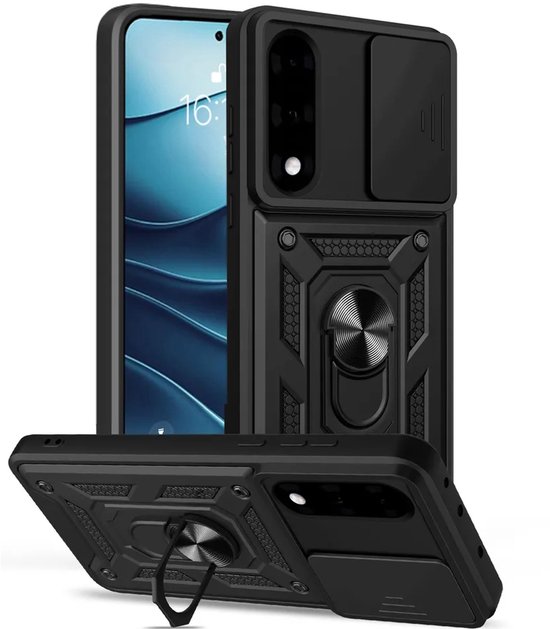 Zwarte telefoonhoes met ringhouder en schuifdeksel voor camera, afgebeeld met een telefoon.