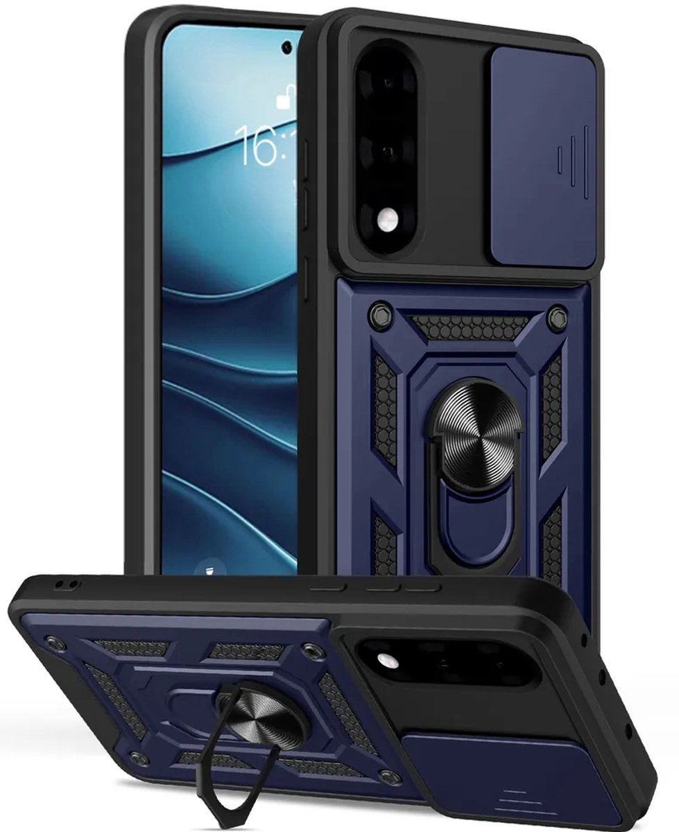 MobyDefend Hoesje - Geschikt voor OnePlus Nord 5 - Pantsercase Met Draaibare Ring - Blauw