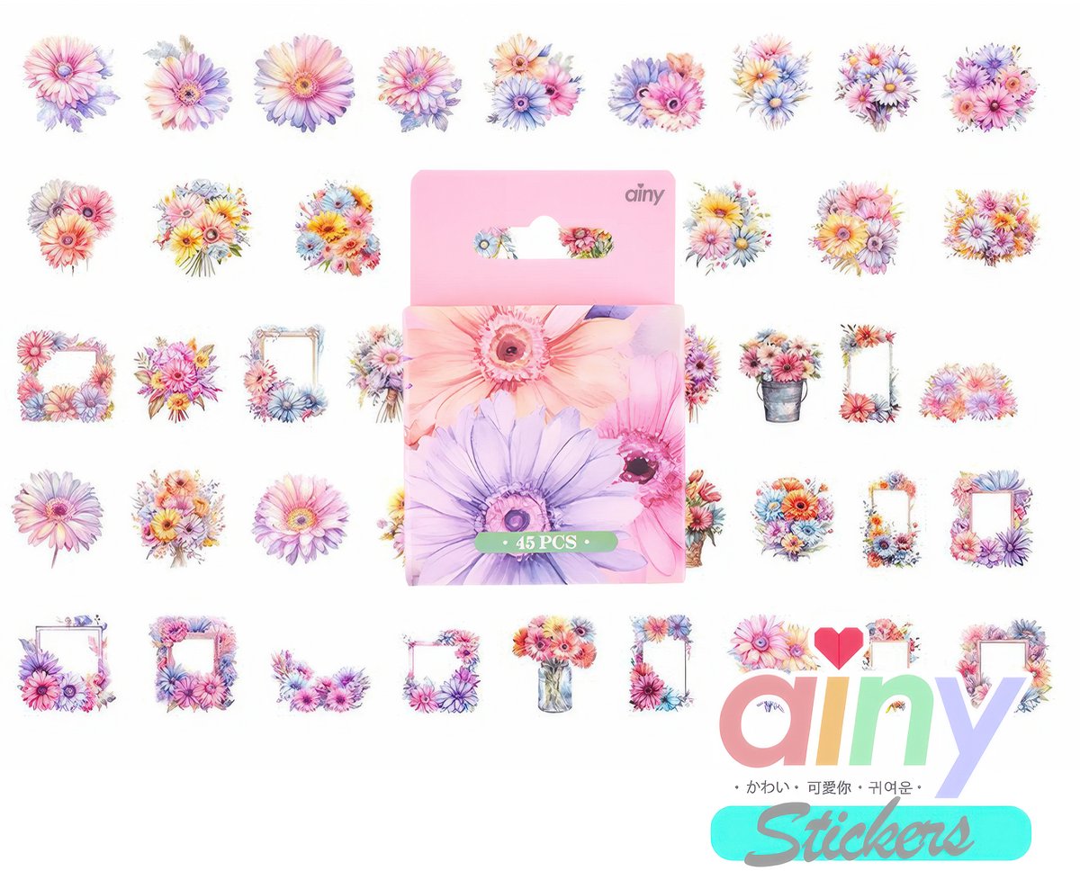 Ainy Madeliefjes Melodie Bloemen PET Stickers 45 stuks | Luxe & Elegant | Geschikt voor bullet journal, fotoalbum, wenskaarten, laptop, telefoon, waterfles, muursticker, geschenksticker, skateboard of graffiti sticker | Kinderen & Volwassen