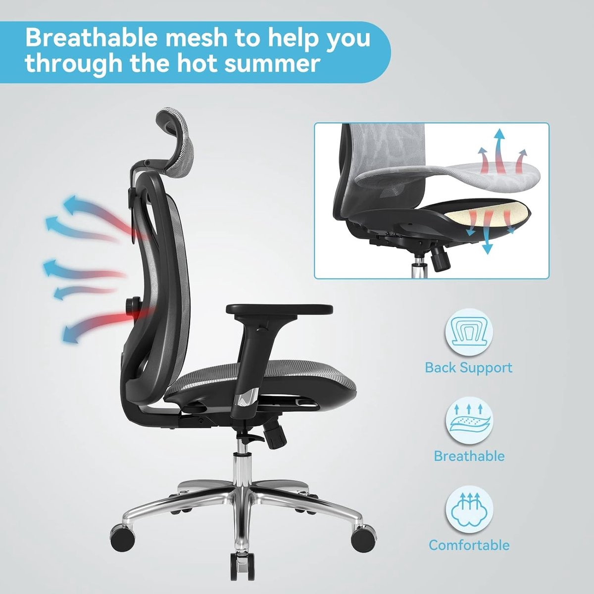 SIHOO M57 Ergonomische Bureaustoel met 3D-Armleuningen&Verstelbare Lendensteun-Premium Mesh Design voor Kantoor/Thuiswerken - 150kg Draagvermogen-8cm Hoogteverstelling-3 Standen Kantelmechanisme (110°/116°/126°)-SGS/BIFMA Gecertificeerd——Donkergrijs – foto 4