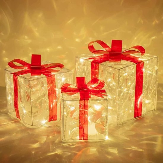 Kerstdecoratie, set van 3 verlichte geschenkdozen, pluche