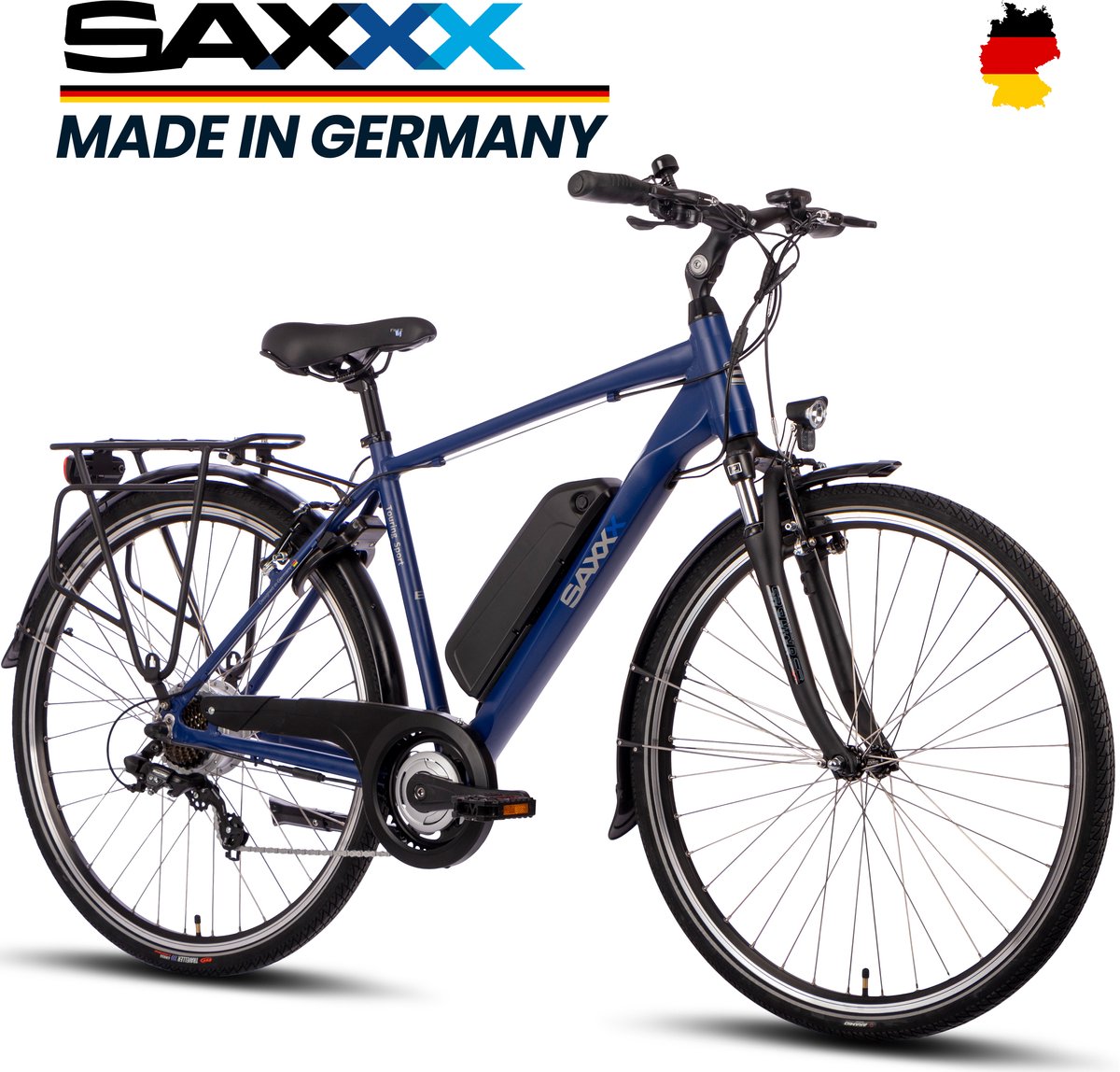 【Vroege Kerstdeals】SAXXX Touring Sport – Elektrische Fiets – 95% Vooraf Geassembleerd Stadsfiets – 374Wh Verwijderbare Accu – 100km Actieradius – 28” Wielen – 250W Motor – Shimano Tourney 7 Versnellingen – Met Verlichting en Bagagedrager-Zwart - 【Vroege - €709,00