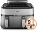 Zilverkleurige en zwarte Philips dubbele airfryer met digitale bediening, gesloten. Een cirkelvormig logo met een man en 'Hensslers Nr. 1' is aan de rechterkant geplaatst.