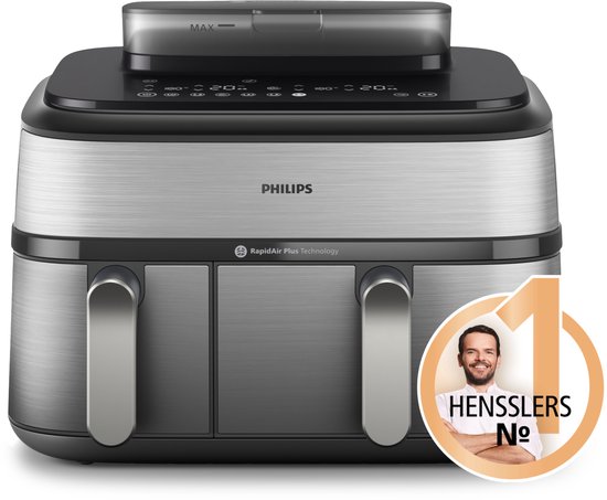 Zilverkleurige en zwarte Philips dubbele airfryer met digitale bediening, gesloten. Een cirkelvormig logo met een man en 'Hensslers Nr. 1' is aan de rechterkant geplaatst.