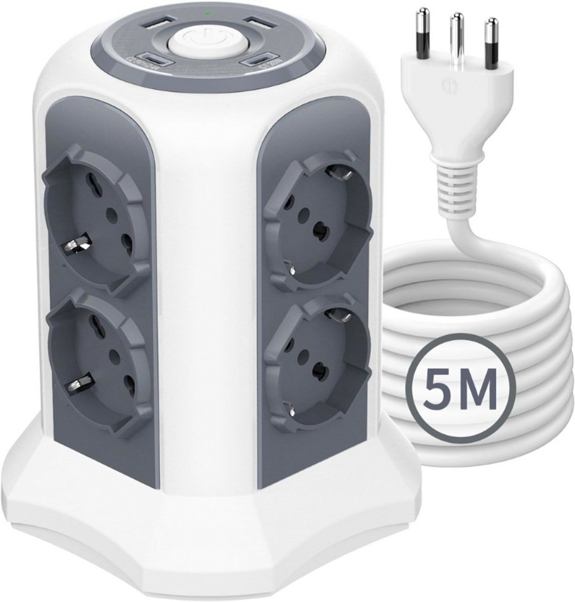 Thuys – Verticale Meervoudige Stekkerdoos – Met 8 Universele Stopcontacten – 2 USB-C & 2 USB-A – Wit/Grijs
