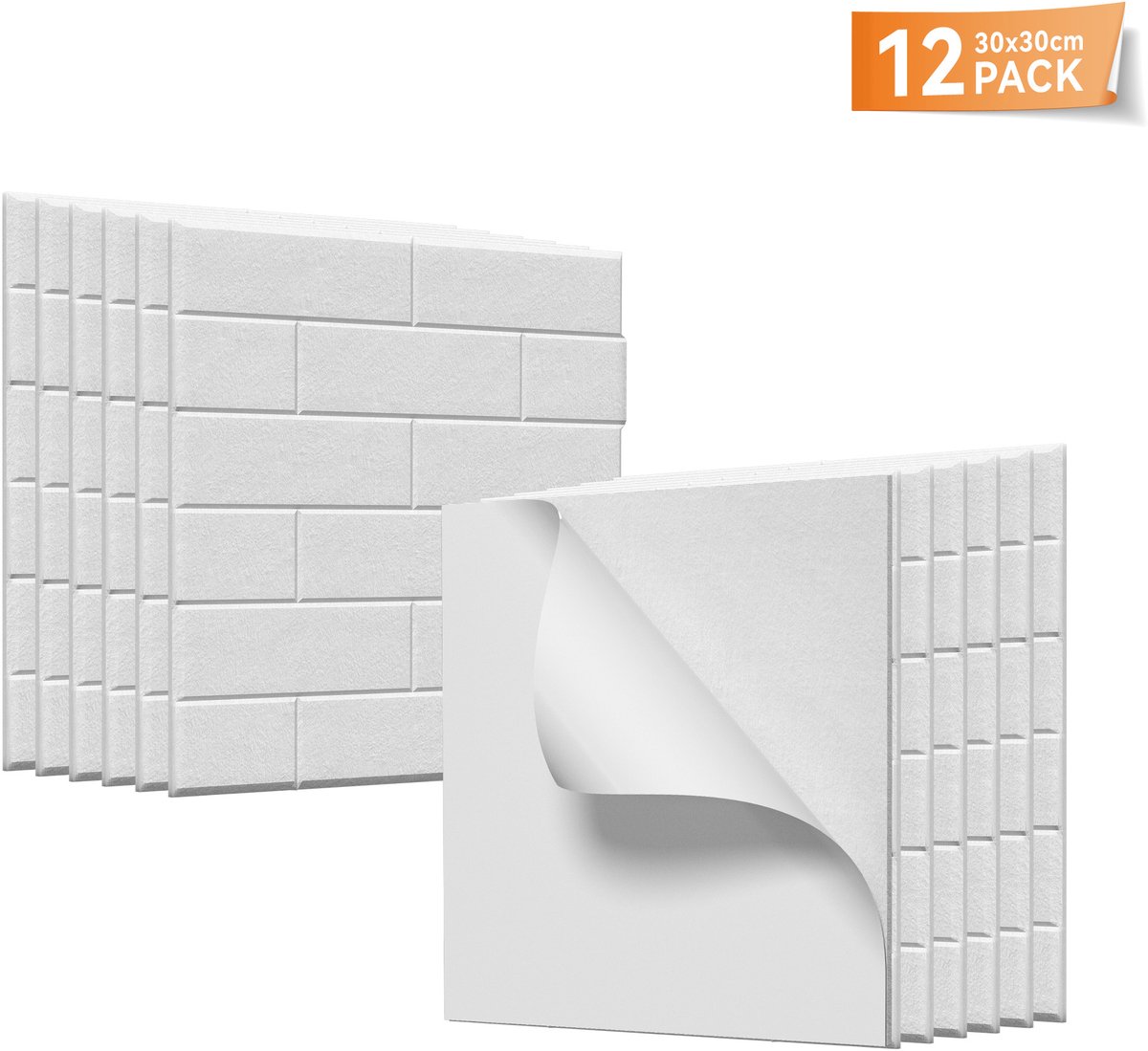 Aufun Vierkante baksteenvorm Akoestische Panelen, Zelfklevende Wandbekleding (Wit, 12 Strips)