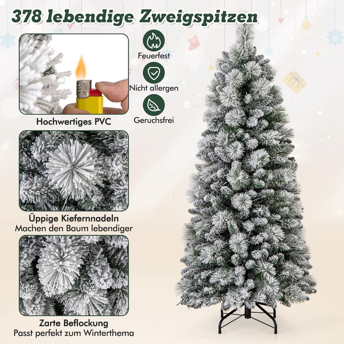 COSTWAY 136 cm kunstkerstboom met sneeuw en verlichting, kerstboom met