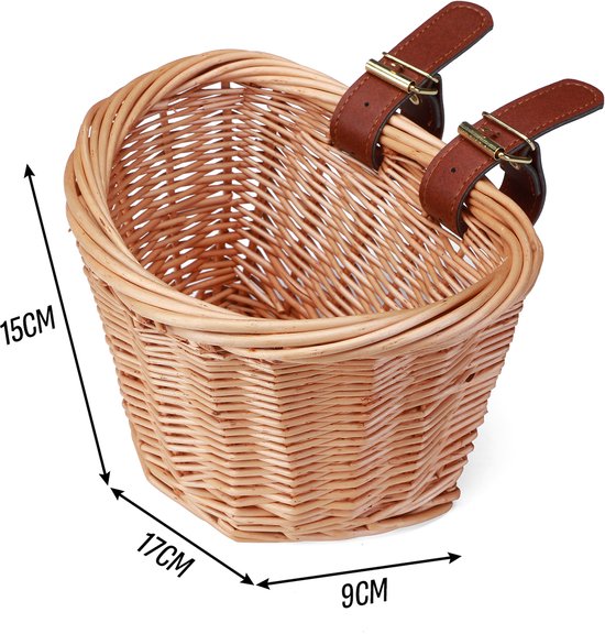Ronde rotan mand met bruine leren riemen en gespen, afmetingen 15x17x9 cm.