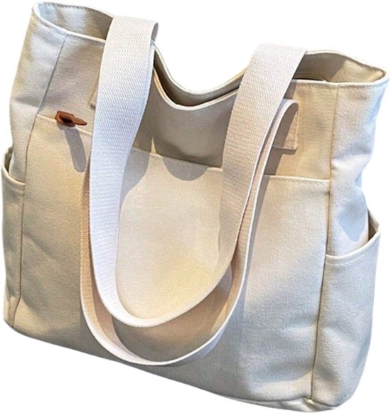 S&E Vintage Tote Bag met Meerdere Vakken – Ruim, Praktisch & Ideaal voor School of Reizen - Wit