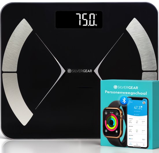 Silvergear® Pèse-personne Bluetooth - Avec analyse corporelle très complète avec pourcentage de graisse - Y compris l'application d'analyse - Noir