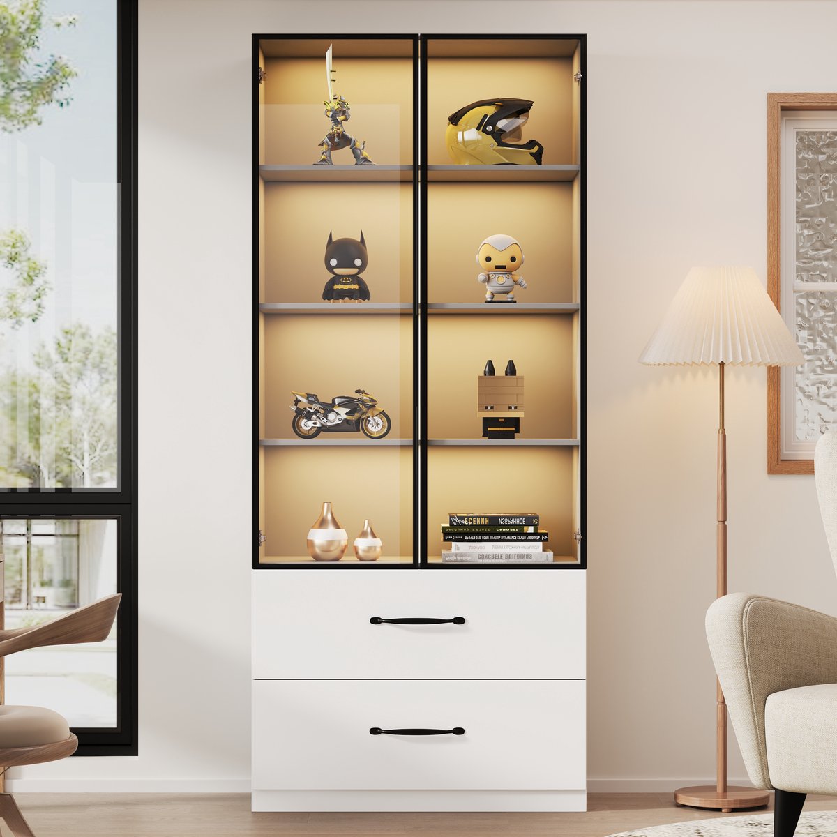 LED-display 60x40x160 cm - glazen vitrine - boekenkast en multifunctionele kast met lades - deuren van gehard glas
