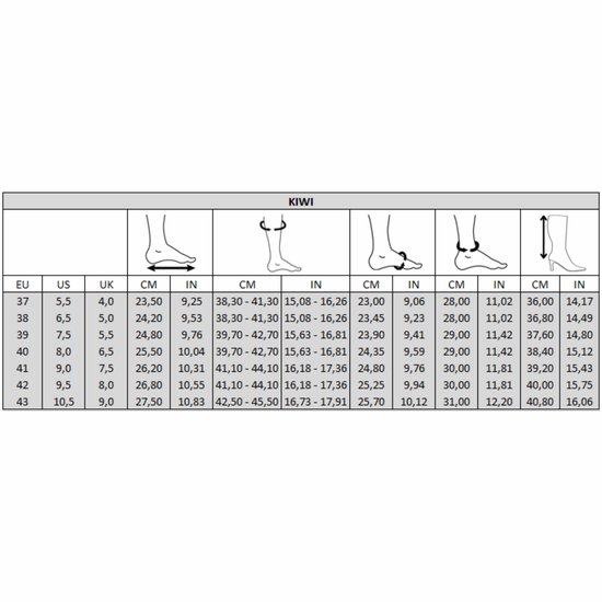 Maattabel voor laarzen met EU, US en UK maten, en afmetingen in cm en inches voor voetbreedte, kuitwijdte en schachtwijdte.