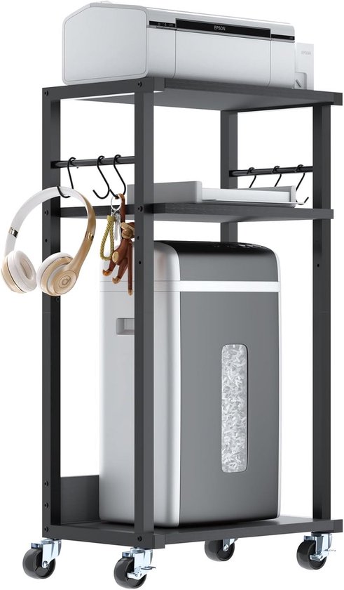 Mobiele printertafel - printerwagen - 3 planken - in hoogte verstelbare printerstandaard met wieltjes - 6 haken - voor kantoor - fax - kopieerapparaat - scanner - hakmolen - 44 x 30 x 82 cm - zwart