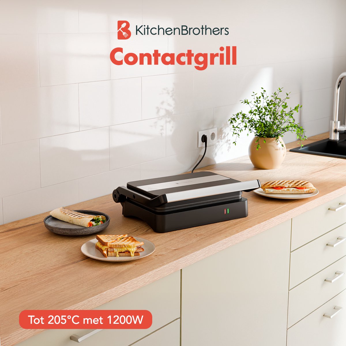 KitchenBrothers Contactgrill - Tosti Apparaat - Panini Grill - Tosti IJzer voor 2 Tosti's - 1200W - Zwart — cadeau in Kookcadeaus - foto 2