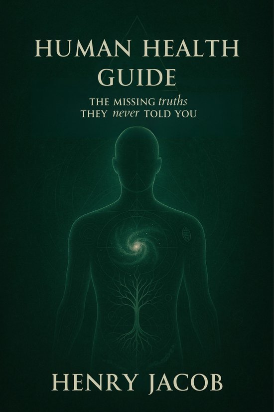 Boekomslag 'Human Health Guide' met een groene silhouet van een menselijk lichaam met een boom en spiraal in de borstkas. Tekst: HUMAN HEALTH GUIDE, THE MISSING truths THEY never told YOU, HENRY JACOB.