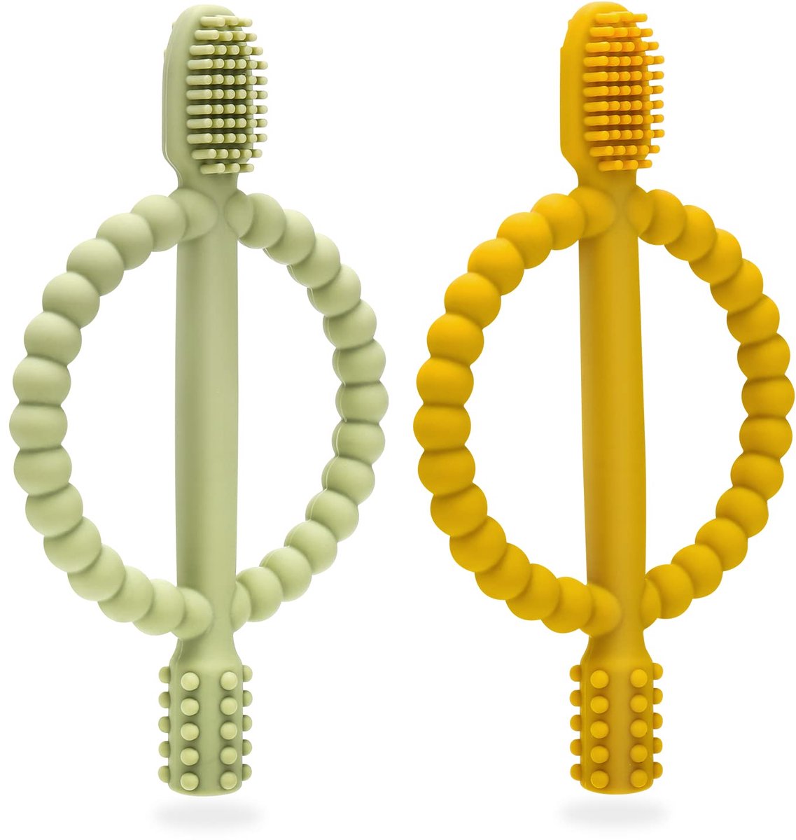 Crrynuo Baby Bijtspeeltjes- 2-pack Kindertandenborstel- Bijthulpmiddel- Siliconen Bijtring- BPA-vrij- Stimuleert en Masseert Pijnlijk Tandvlees-Geschikt voor Baby's vanaf 3 Maanden (Geel en Groen)