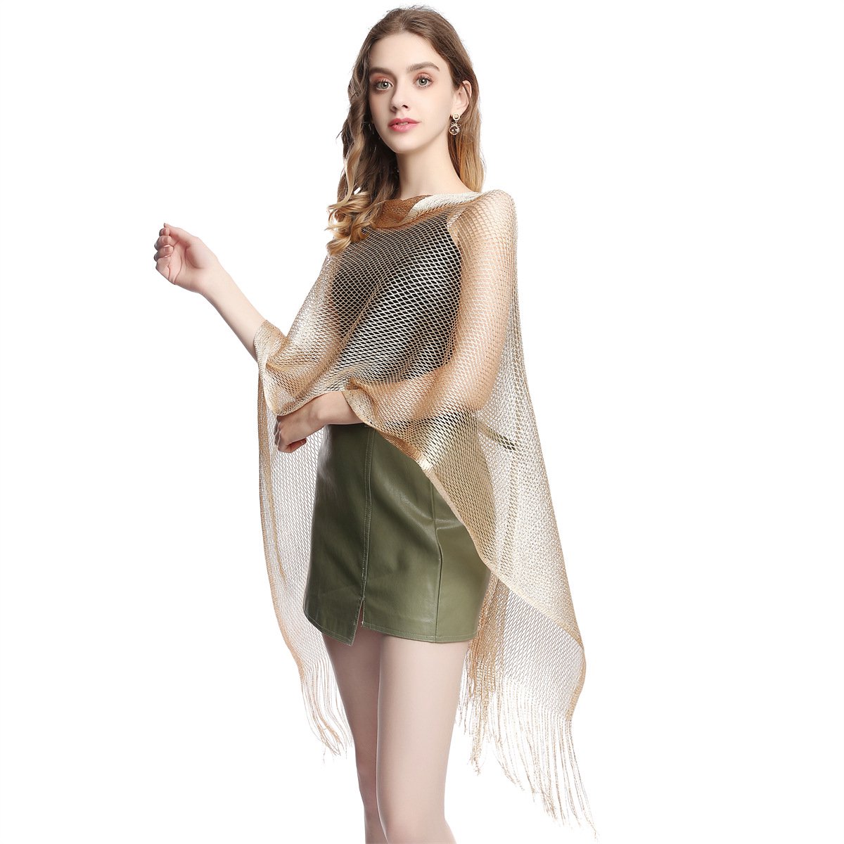 Zomerponcho voor dames met zonbescherming en pompons, Licht goud, Glinsterende metallic sjaals en sjaals van Glinsterende avondjurken Stola voor vrouwen Avondceremonies Feesten Bruiloft Cyslmuk
