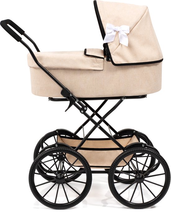Klassieke beige poppenwagen met zwarte accenten, kap en strik.