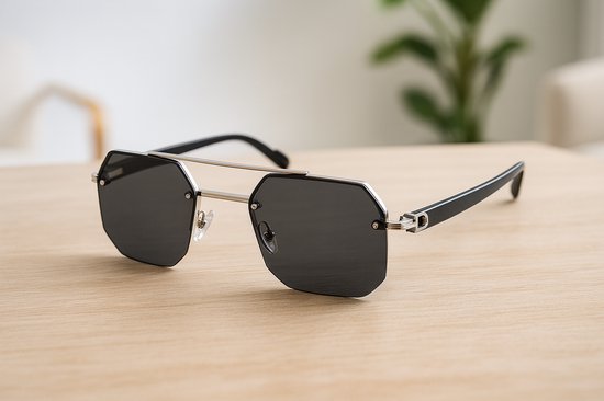 Lunettes de soleil homme – Monture en métal argenté – Verres géométriques gris foncé – Design octogonal – Branches noires