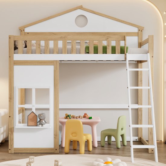 YuQozii Kinderbed, halfhoog bed, huisbed met dak, vierzijdig hek, met