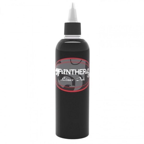 Panthera Liner Ink, zwarte tattoo inkt in een doorzichtige fles met rode en grijze cirkels en tekst.