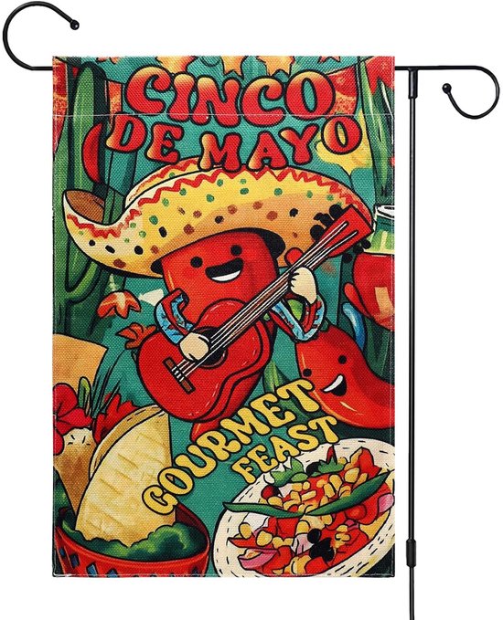 Cinco de Mayo Tuin Vlag - 45x30cm Dubbelzijdige Vlag Banner - Chili Peper Guitar Gourmet Decor - Feestelijke Mexicaanse Decoratie voor Buiten Tuin en Voorkant van de Huis