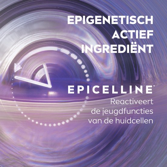 Gedetailleerde afbeelding van een klok met wervelende paarse en blauwe achtergrond, met tekst 'EPIGENETISCH ACTIEF INGREDIËNT EPICELLINE'.