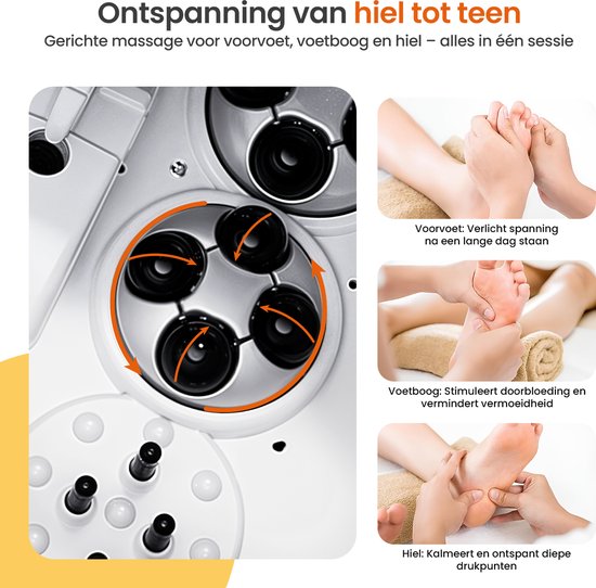 Gedetailleerde weergave van de massagerollers in een wit voetenbad en close-ups van voetmassagetechnieken voor de voorvoet, middenvoet en hiel.