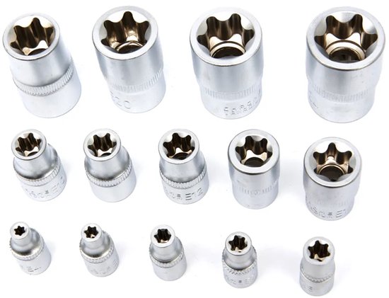 Veertien zilverkleurige inwendige torx doppen in verschillende maten, los op een witte achtergrond.