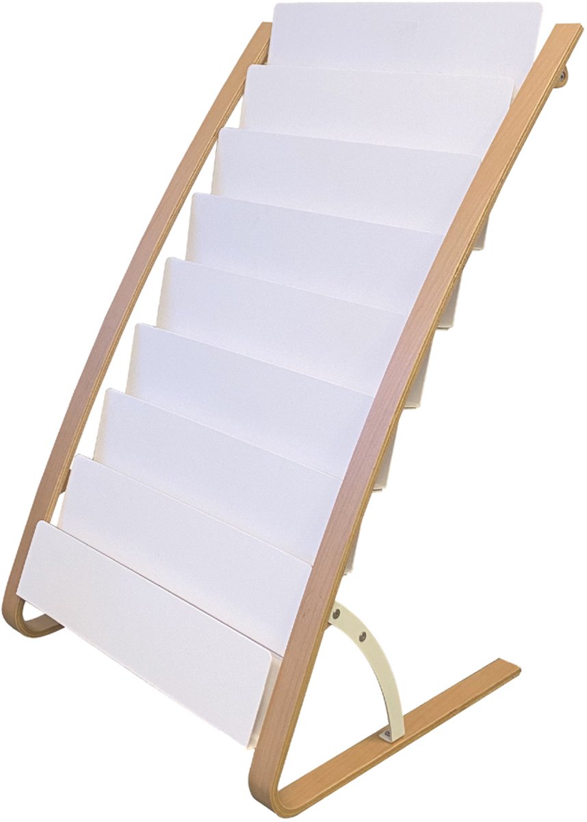 Alba Vista 8-vaks wanddisplay wit/hout is een moderne tijdschriften- en brochurehouder die opvalt