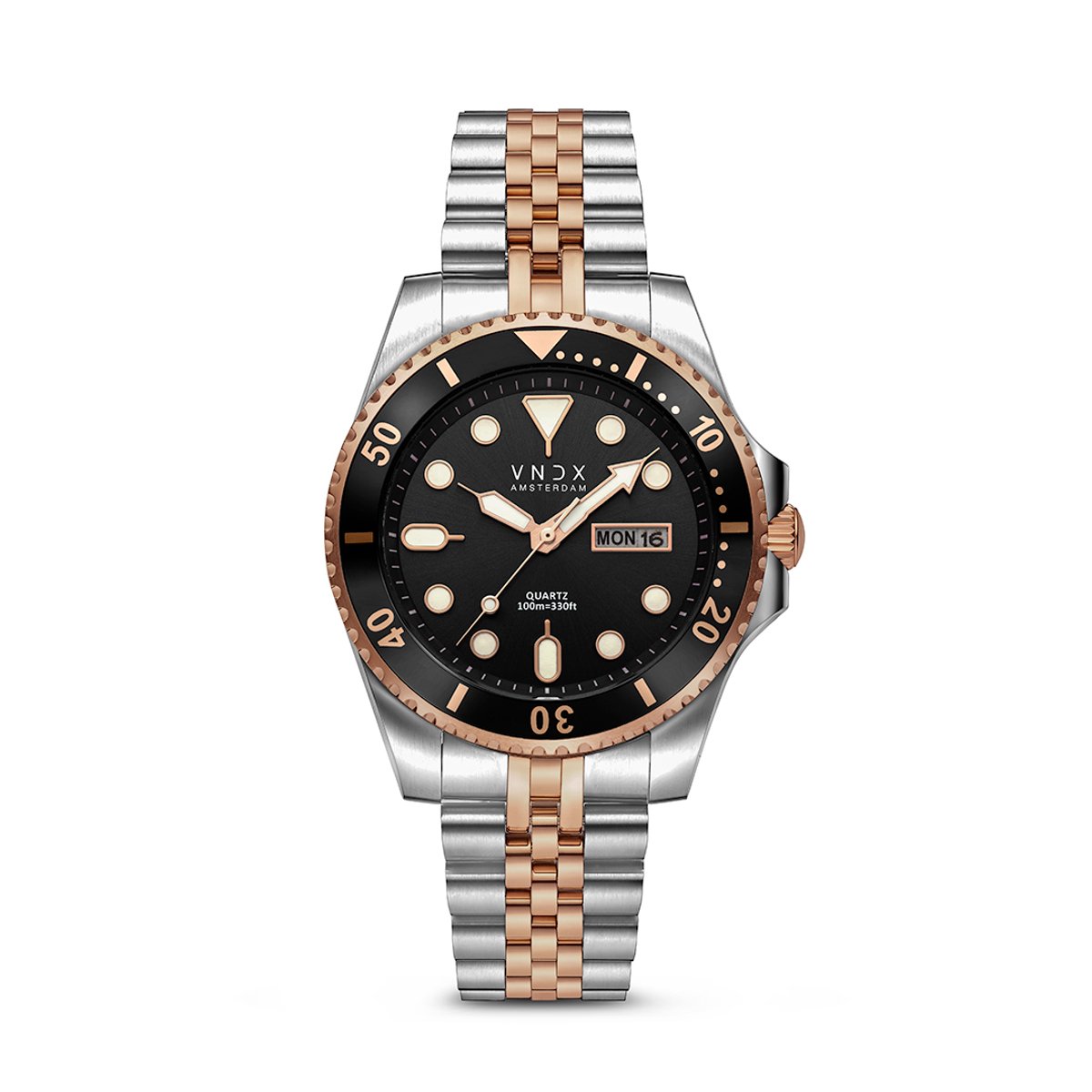 VNDX Amsterdam - Heren horloge - AMS. LXRY. Rosé Zilver Zwart