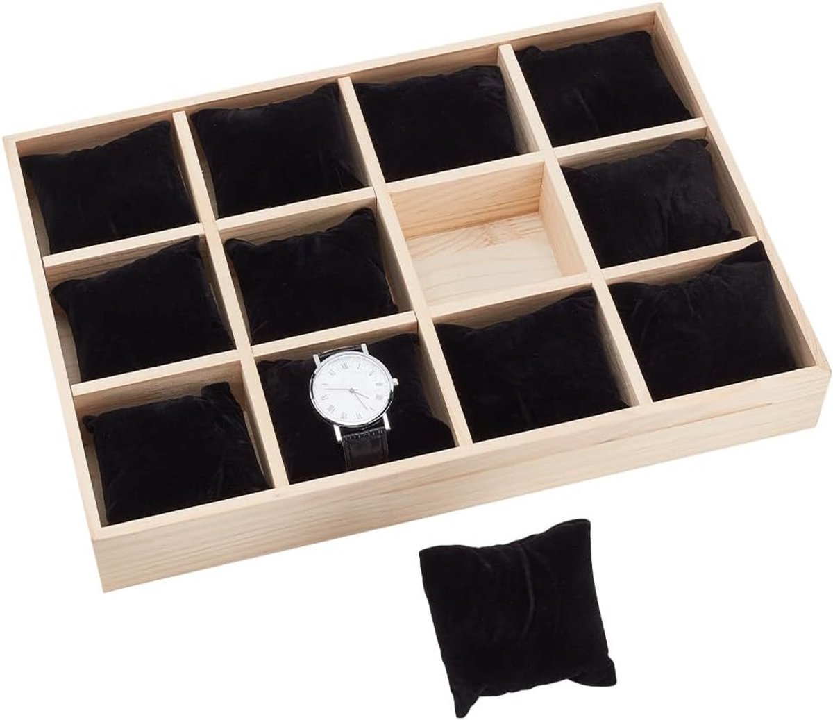 Houten Watch Organizer met 12 Slots - Watch Holder met Verwijderbare Velvet Cushions - Stapelbare Sieraden Armband - Lade Opberbox - Watch Display Case - Zwart