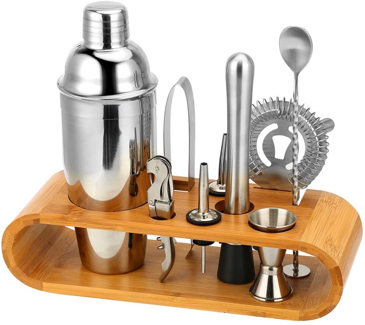 TOVBMUP 10 Stuks Cocktailshaker Set - Baraccessoires - 750ml Shaker met Houten Stand - 360° Lekvrij en Gemakkelijk Te Reinigen - Geschikt voor Thuis, Bar en Party - RVS - Incl. Pourers, Zeef, Barsleutel, Maatbeker, IJstang en Meer