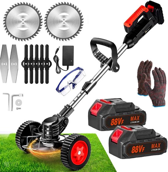 Foto: Traumheim accu grasmaaier 21v met 2 accu s en oplader grastrimmer bosmaaier freischneider motorsense met telescopische steel extra handgreep met wielen zwart