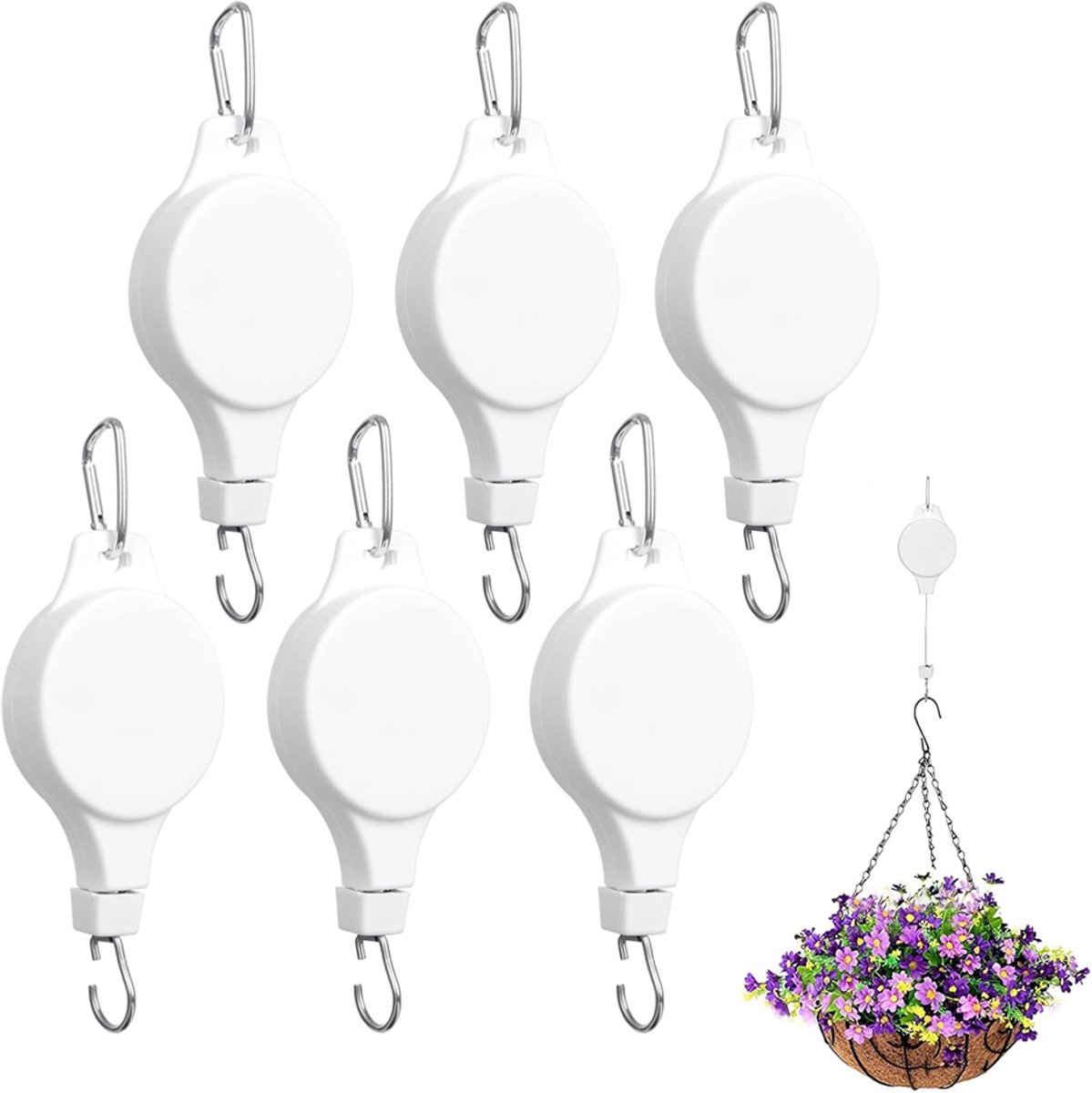 Plantenhanger - 6 stuks - Hangende bloempot - Trek Ratelhaak voor Plantenhangers - Plantenhanger buiten - Plantenkatrol - Telescopische haak - Uitschuifbare Haak - Verstelbare hoogte - Voor het ophangen van planten, Stevige plantenhaak - Wit