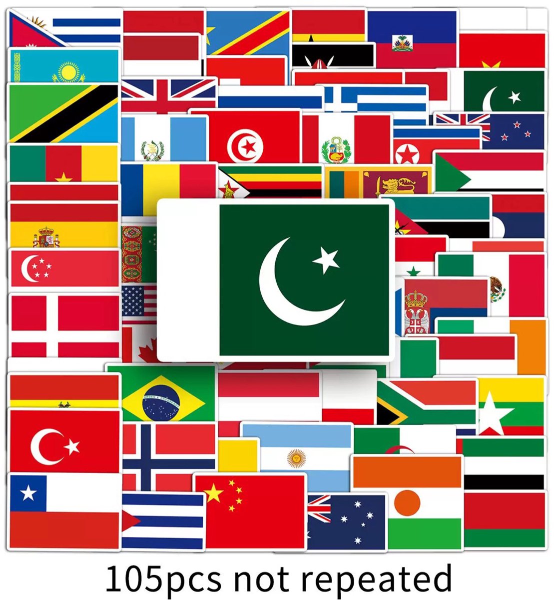 Wereld vlaggen stickers – 105 flags (6,5x4,5 cm) – waterproof - (PP Materiaal) - voor koffer en laptop