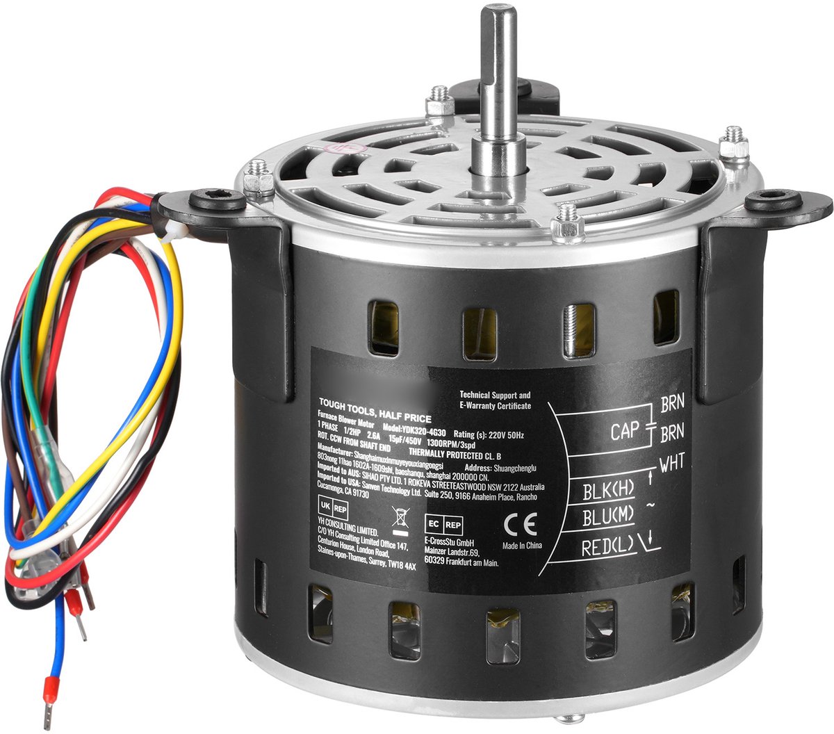 1/2 Hp Motor Ovenventilator - 220 V, 2,6 A, 1300 Rpm, 3 Snelheden. 10 Mm Asdiameter, 20 Mm Aslengte, Rood. Linksom Vanaf Het Aseinde. Bevat Condensator Cbb60 15 μF/450 V.