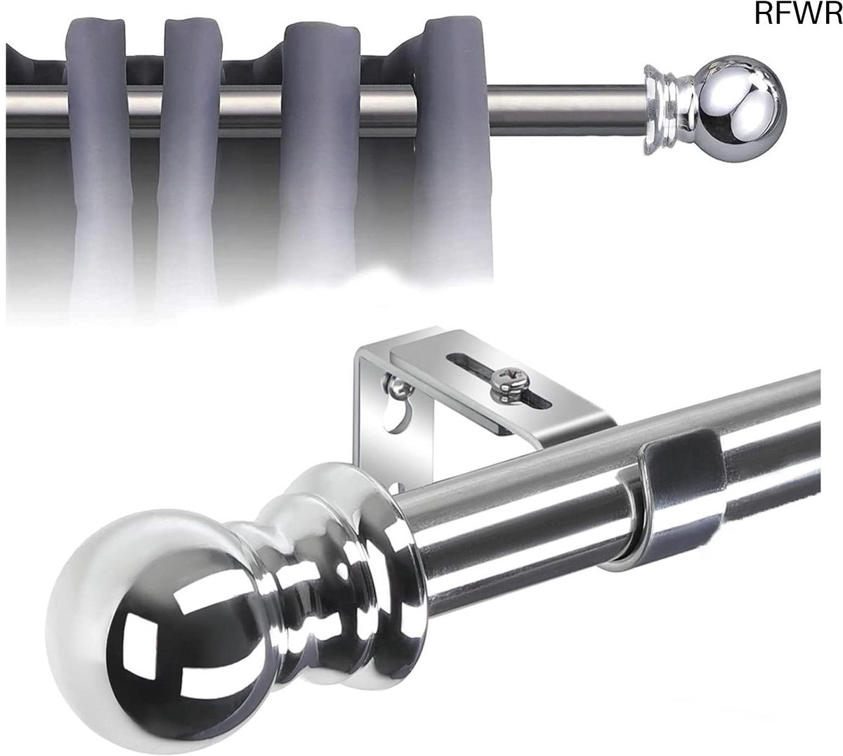 RFWR Uitschuifbare gordijnroedes 76-369cm met ronde eindstukken - RVS look metaaldesign Zilver