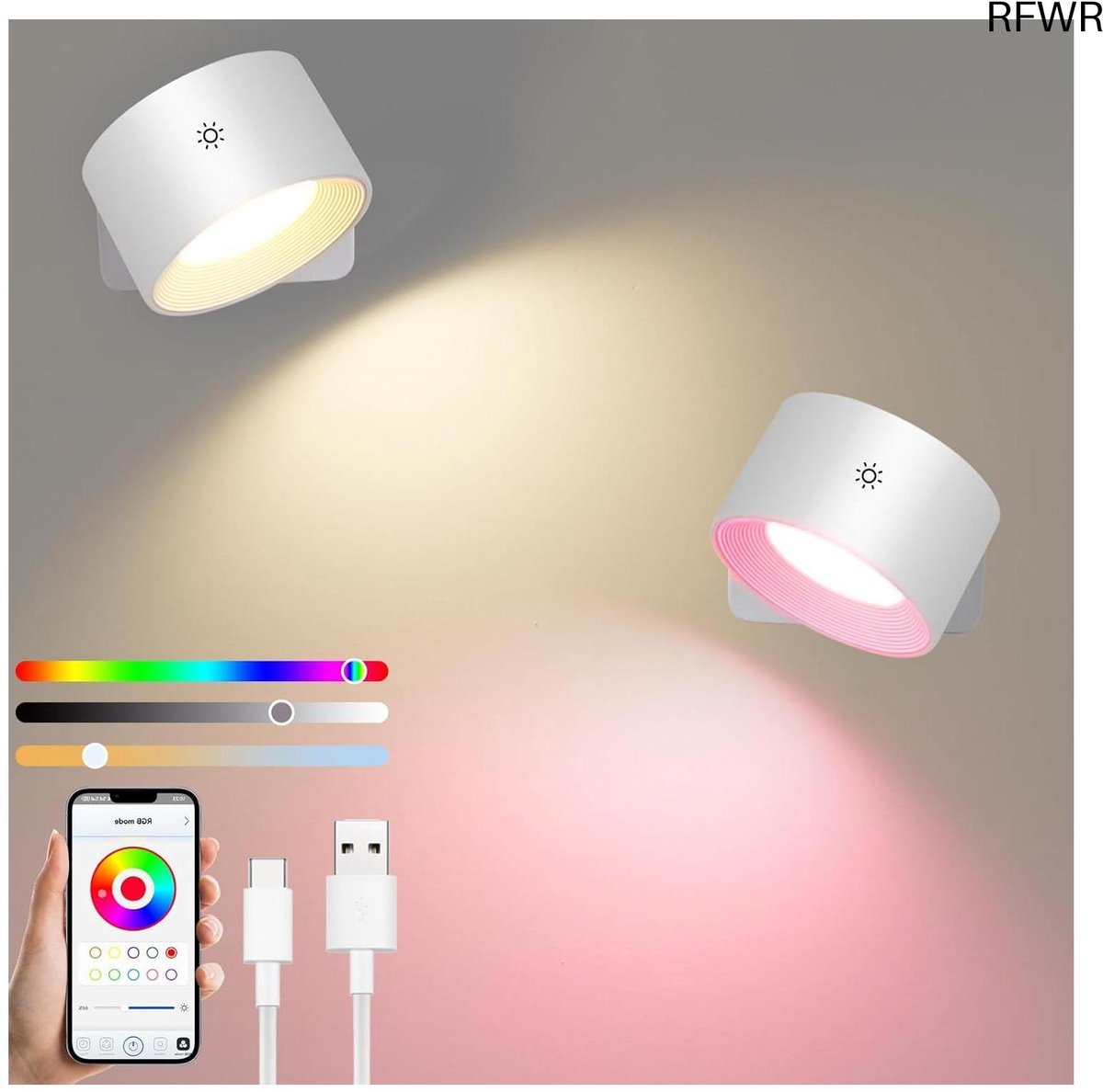 RFWR® Dimbare Wandlamp voor Binnen zonder Stroomaansluiting - Smart Wandlamp met App Controle en 360° Draaibare Accu