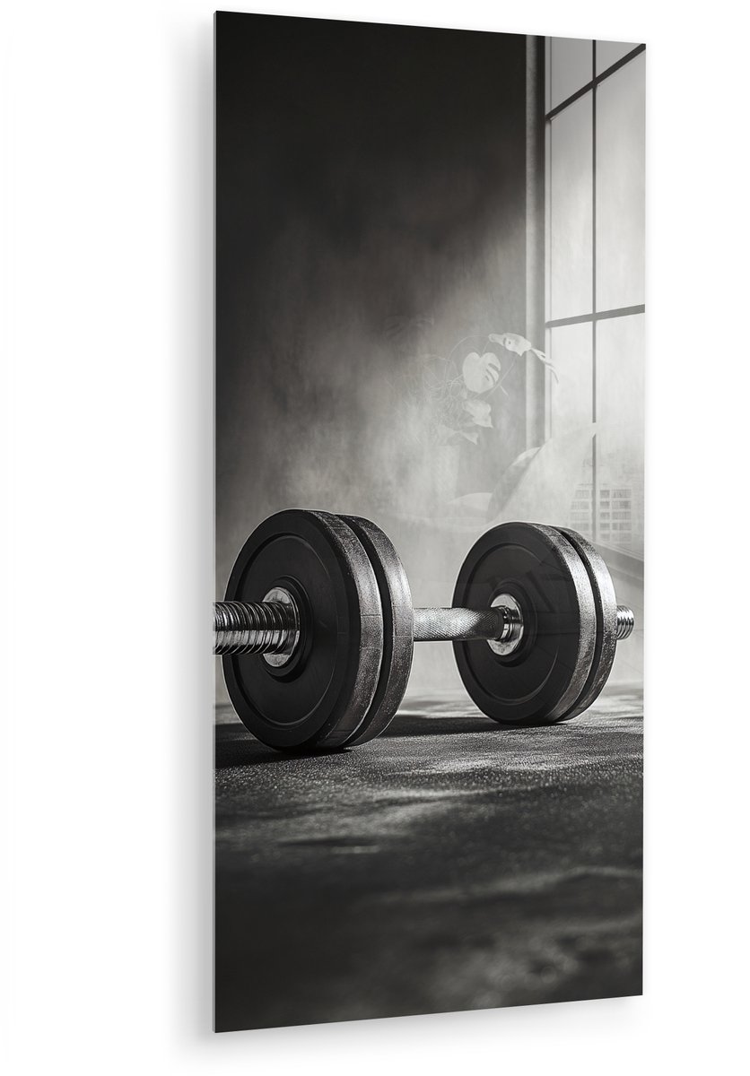 MuchoWow® Glasschilderij 60x120 cm - Schilderij acrylglas - Halter - Gewichten - Zwart - Foto op glas - Muurdecoratie woonkamer - Wanddecoratie slaapkamer - Schilderijen