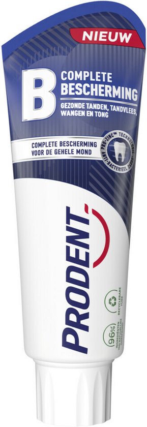 Witte tandpastatube met blauw en rood accent, PRO-ZINC TECHNOLOGIE, anti-bacterieel, 96% natuurlijke ingrediënten.