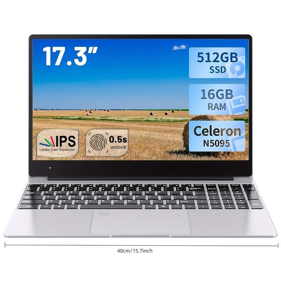 Acmine Laptop - 17.3" FHD IPS - 16GB Geheugen - 512GB SSD - Toetsenbordverlichting - Vingerafdrukontgrendeling - Windows 11 - Met Franse AZERTY Toetsenbord Stickers