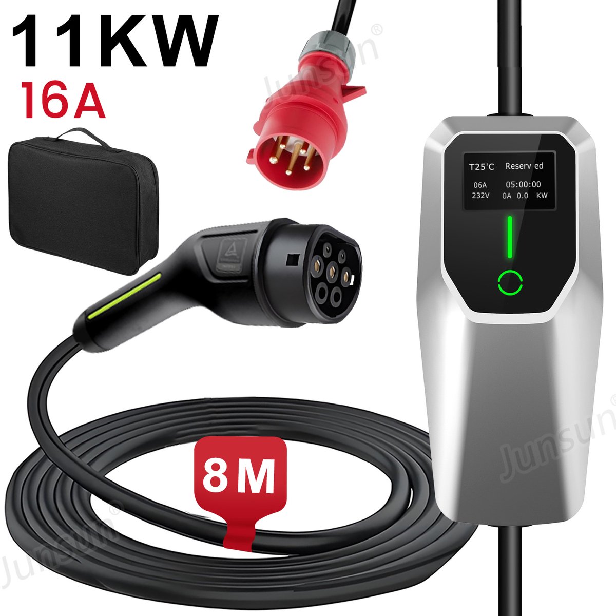 JUNSUN Draagbare 11kW 16A 3-Fase EV Laadkabel - Type 2 Laadpaal , 5M Kabel + LCD Scherm & Opbergtas - 6A/8A/10A/13A/16A Schakelbaar - IEC62196-2 & IP67 & 8M