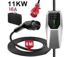 JUNSUN Draagbare 11kW 16A 3-Fase EV Laadkabel - Type 2 Laadpaal , 5M Kabel + LCD Scherm & Opbergtas - 6A/8A/10A/13A/16A Schakelbaar - IEC62196-2 & IP67 & 8M