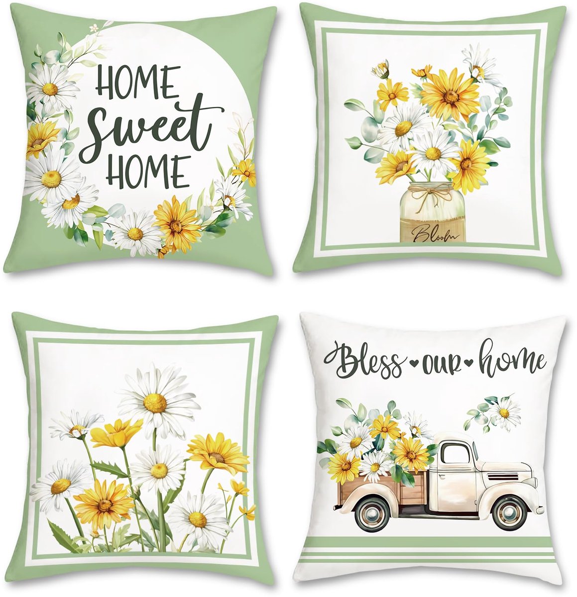 Ibenzoa Set van 4 decoratieve kussenslopen met bloemen- en boerderijontwerpen voor woondecoratie wit en geel