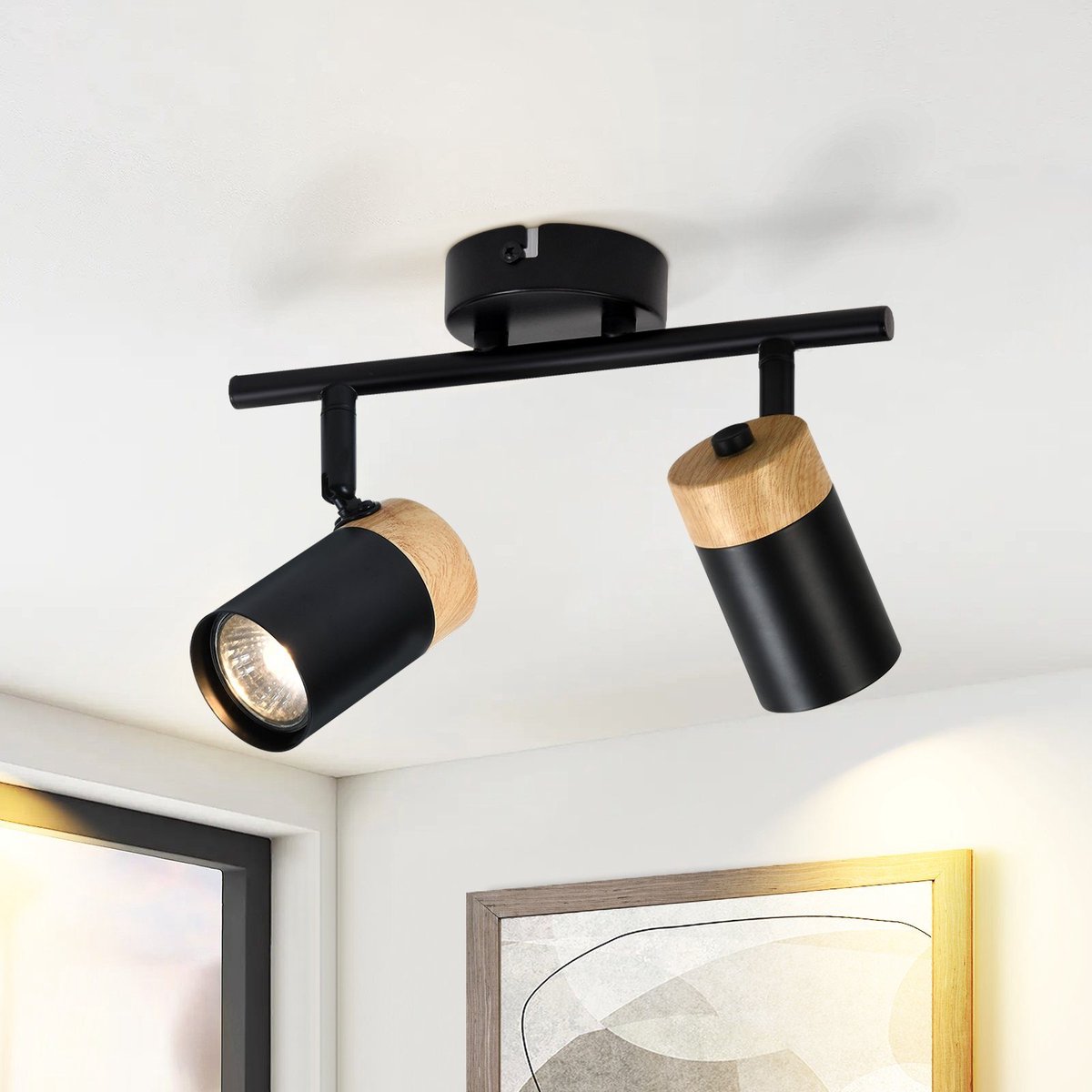 NETTLIFE Opbouwspot hout - GU10 Fitting - 2 Lichts - zwart - draaibar 330° Plafondlamp - vintage Plafondspot - voor Hal | Woonkamer | Slaapkamer | Keuken-excl. lichtbron