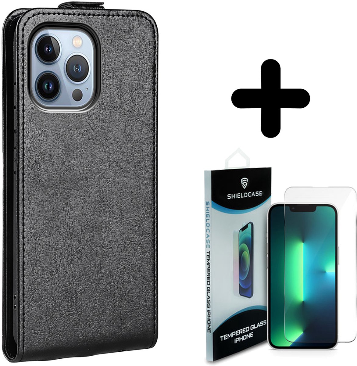 ShieldCase geschikt voor iPhone 14 Pro Flip case zwart leer + ShieldCase screenprotector - beschermglas iPhone bescherming - iPhone case bescherm hoesje + Screenprotector