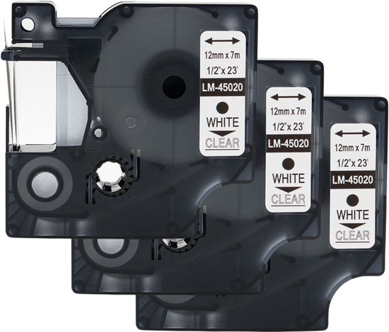 Étiquettes en plastique adaptées au Tape Dymo 45020 - Wit sur transparent - Dymo LabelManager - 12 mm x 7 m -S0720600- Convient pour : Labelmanager 100 100 plus 120P 150 160 200 210D 220P 260P 280 300 350 350D 360D 400 400Duo 4 20P450